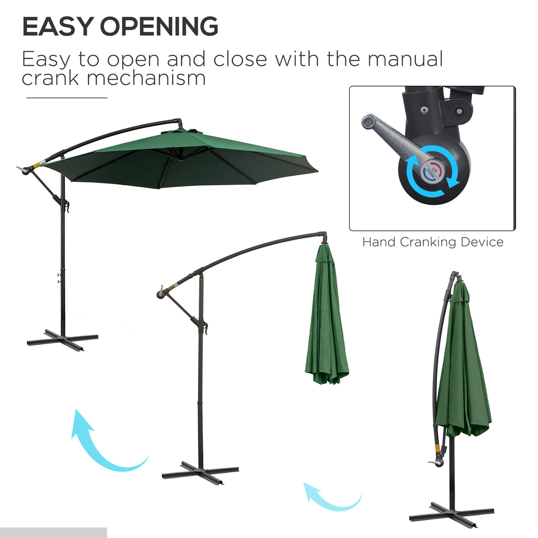 3(m) Banana Parasol Hanging Cantilever Umbrella with Crank Handle, 8 Ribs and Cross Base for Outdoor, Sun Shade, Dark Green