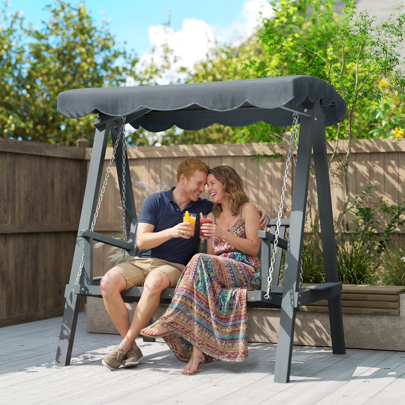 2 Seater Garden Swing Seat with Canopy, Wooden Swing Chair, Outdoor Ha