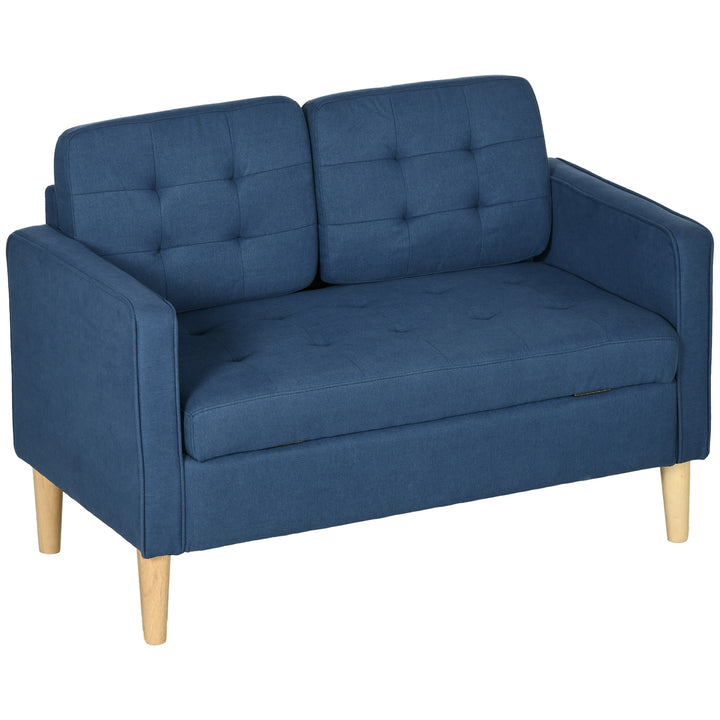 HOMCOM Modern Loveseat Sofa, Compact 2 Seater Sofa with Hidden Storage, 117cm Tufted Cotton Couch with Wood Legs, Blue