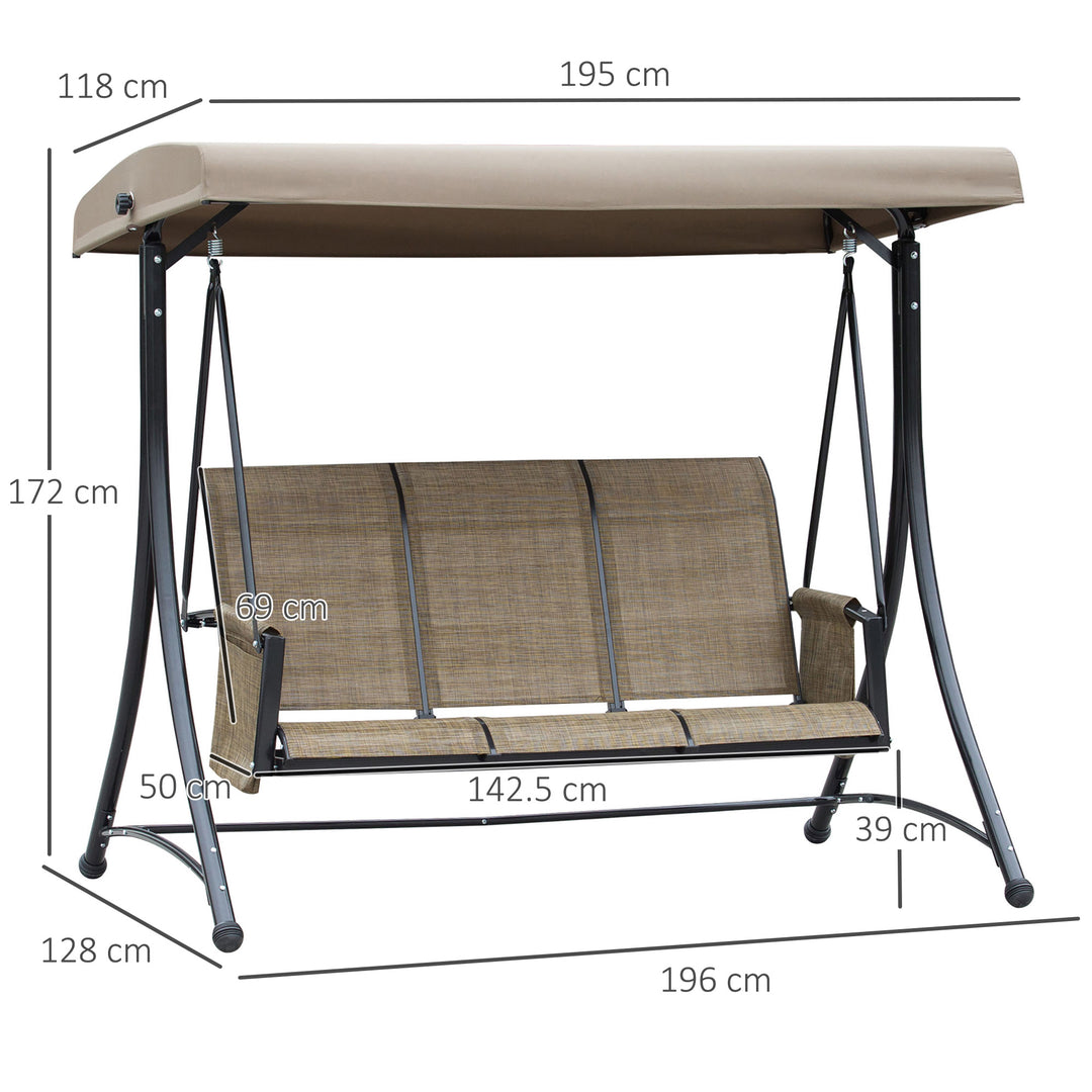 3 Seater Garden Swing Seat Outdoor Swing Chair with High Back Design, Steel Frame, Side Pouches, Adjustable Canopy, Brown