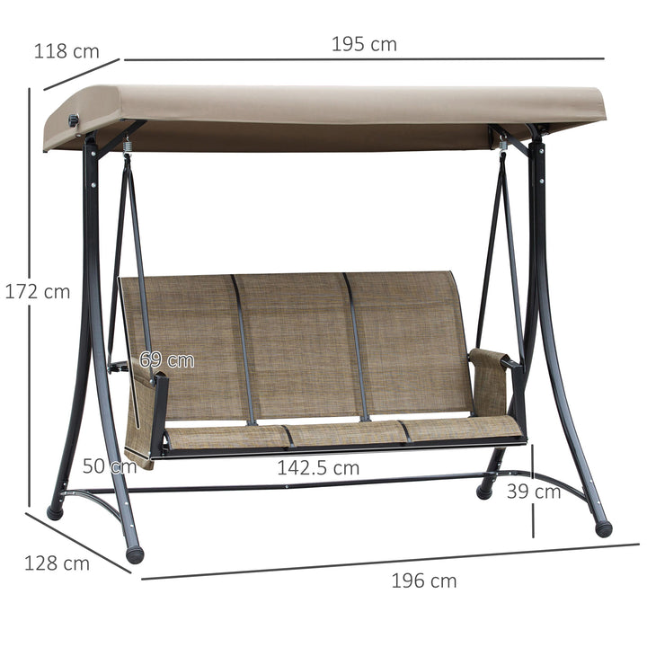 3 Seater Garden Swing Seat Outdoor Swing Chair with High Back Design, Steel Frame, Side Pouches, Adjustable Canopy, Brown