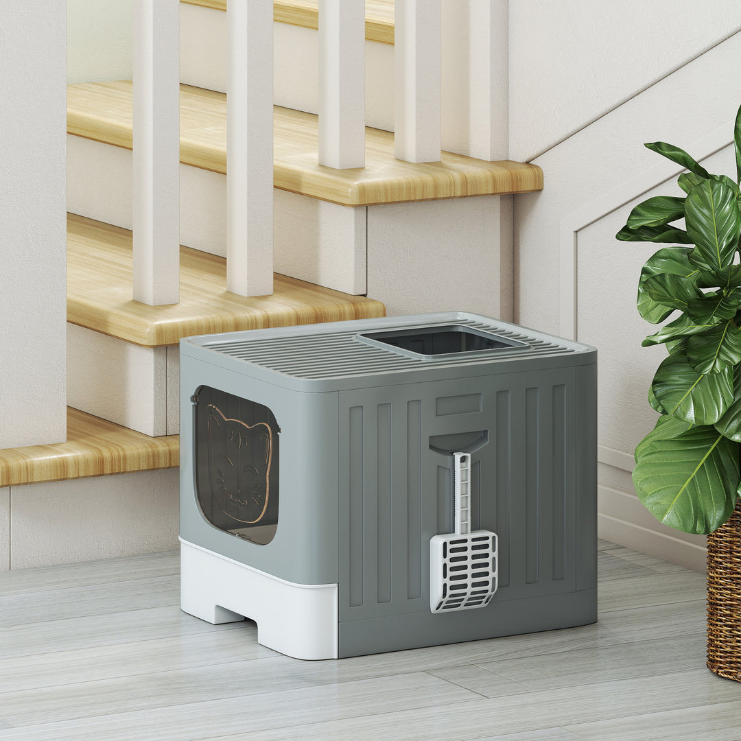 Foldable Cat Litter Box with Lid, Slide-Out Drawer, Scoop, Easy Clean, Odour Control, Anti-Splashing