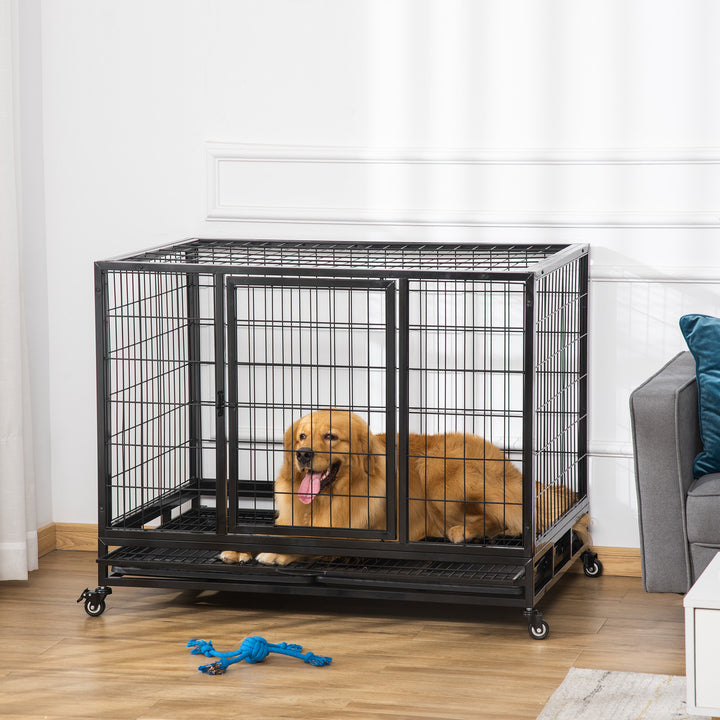 PawHut 43" Heavy Duty Metal Dog Kennel Pet Cage with Crate Tray and Wheels - Black (Large) | Aosom UK