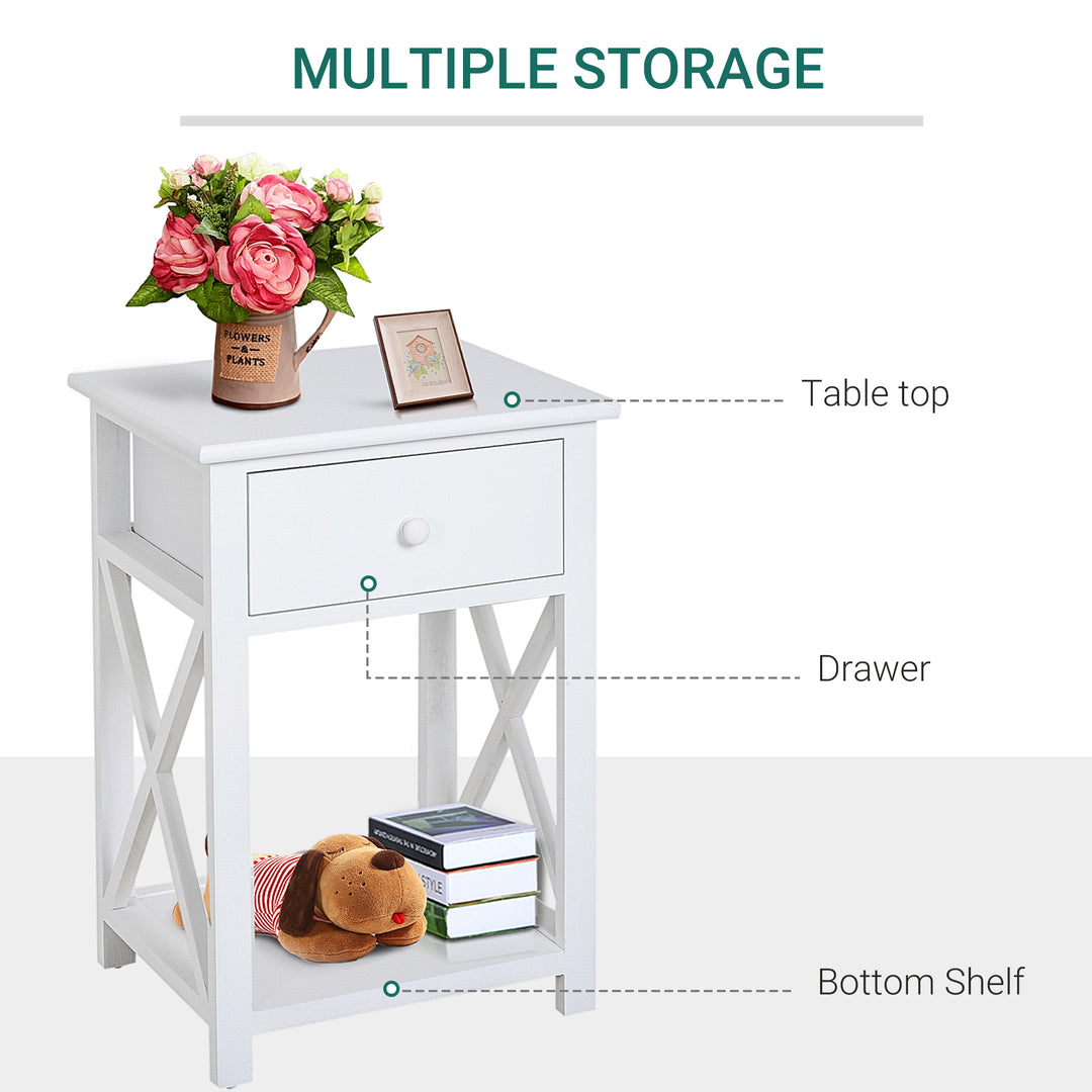 HOMCOM Traditional Accent End Table With 1 Drawer,X Bar Bottom Storage Shelf, for Living Room Bedroom Room 40L x 30W x 55H cm - White