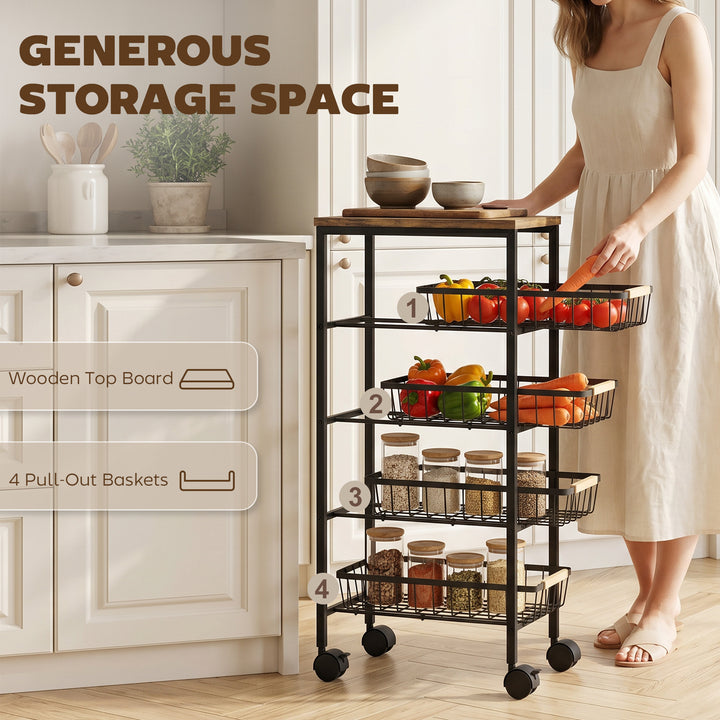Metal Kitchen Trolley, 4-Tier Storage Trolley with Pull-Out Baskets an