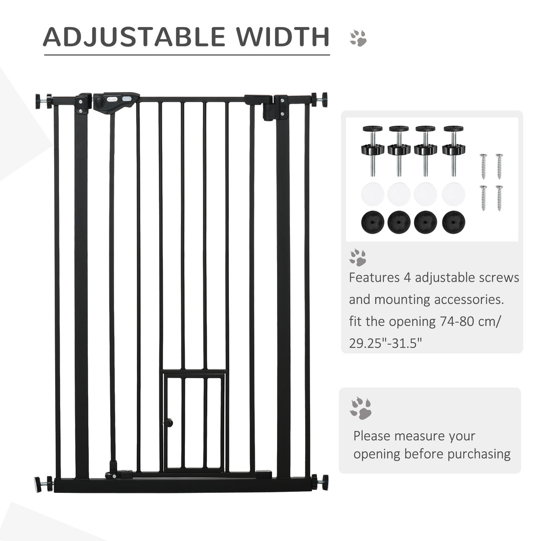 PawHut Extra Tall Dog Gate with Cat Door, Pet Safety Gate for Doorways Stairs with Auto Close Double Locking, 104H x 74-80W cm, Black | Aosom UK