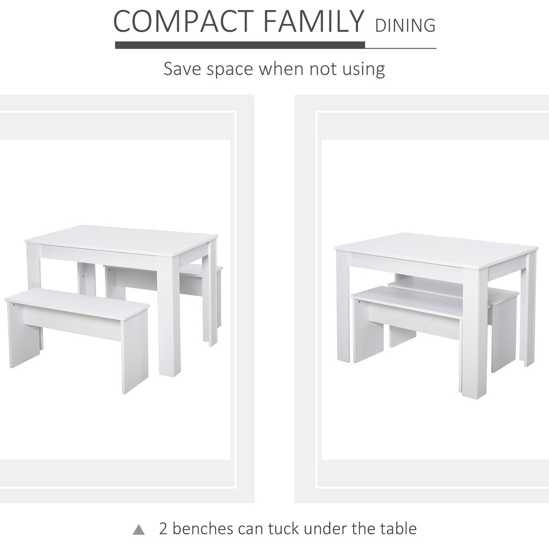 HOMCOM 3 Pieces Dining Set, Kitchen Dining Table and Benches with Particle Board Structure, for Compact Kitchen and Living Room, White | Aosom UK