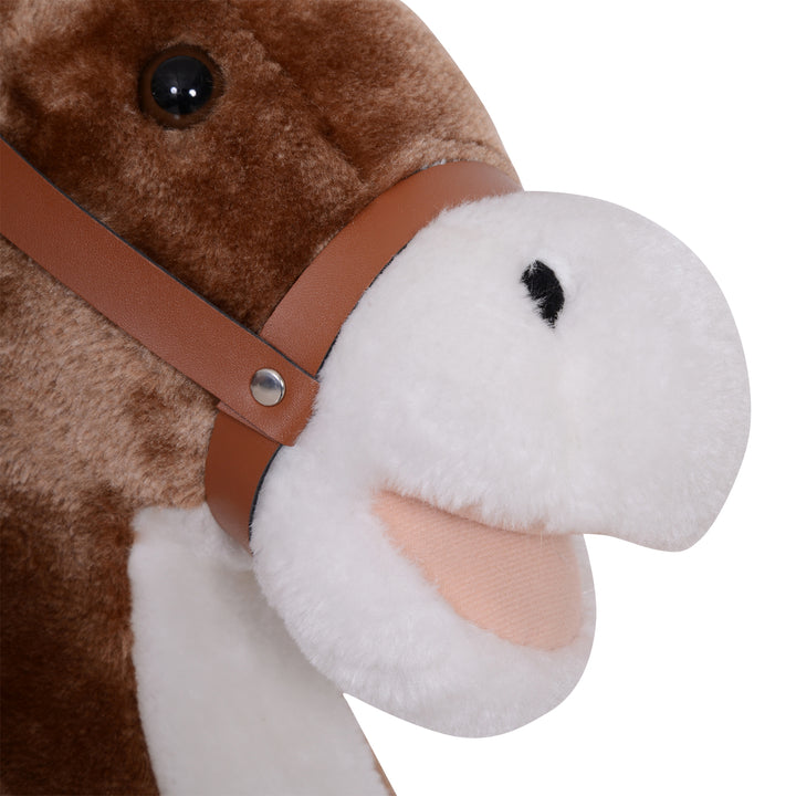 Kids Children Plush Rocking Horse Wooden Base Ride On Toy Rocker with Handle Grip Traditional Toy Fun Gift for Age 3+ (Brown & White)