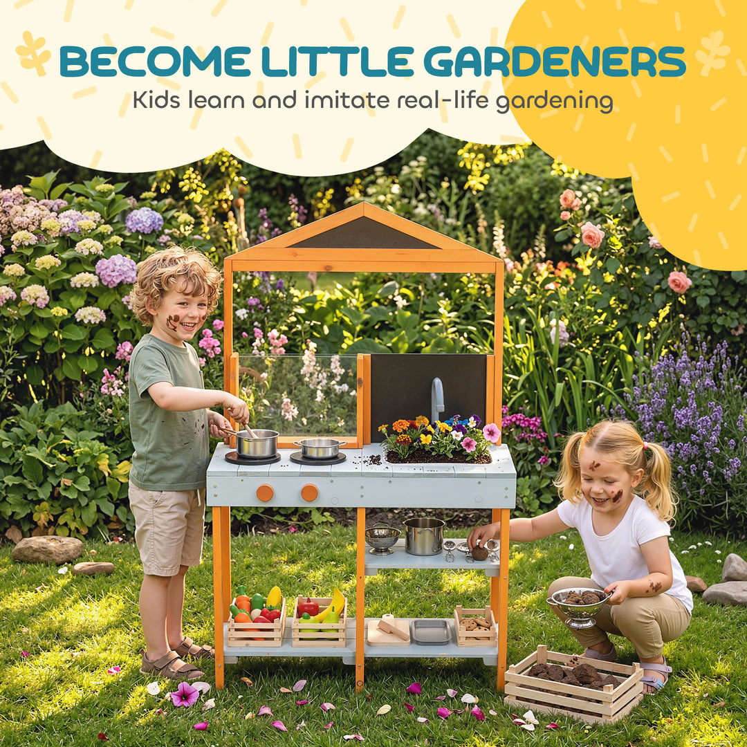 Mud Kitchen for Kids, Outdoor Wooden Play Kitchen with Sink, Stove, Co