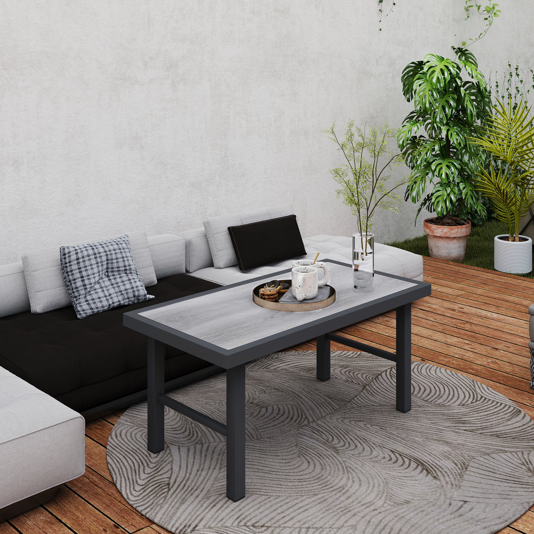 Metal Garden Coffee Table, Outdoor Side Table with SPC Woodgrain Tabletop for Outside, Garden, Balcony, Porch, 100 x 53 x 46cm, Grey Wood Effect