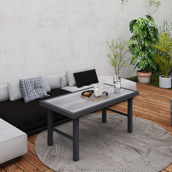 Metal Garden Coffee Table, Outdoor Side Table with SPC Woodgrain Tabletop for Outside, Garden, Balcony, Porch, 100 x 53 x 46cm, Grey Wood Effect