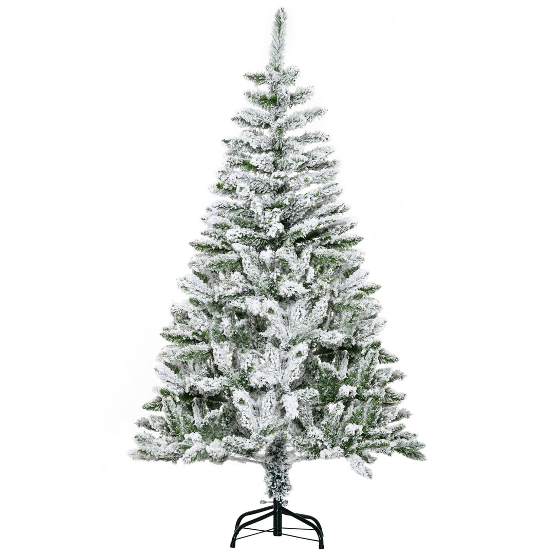 HOMCOM 5 Ft Snow Flocked Artificial Christmas Tree Xmas Pine Tree with Realistic Branches, Auto Open and Steel Base, Green