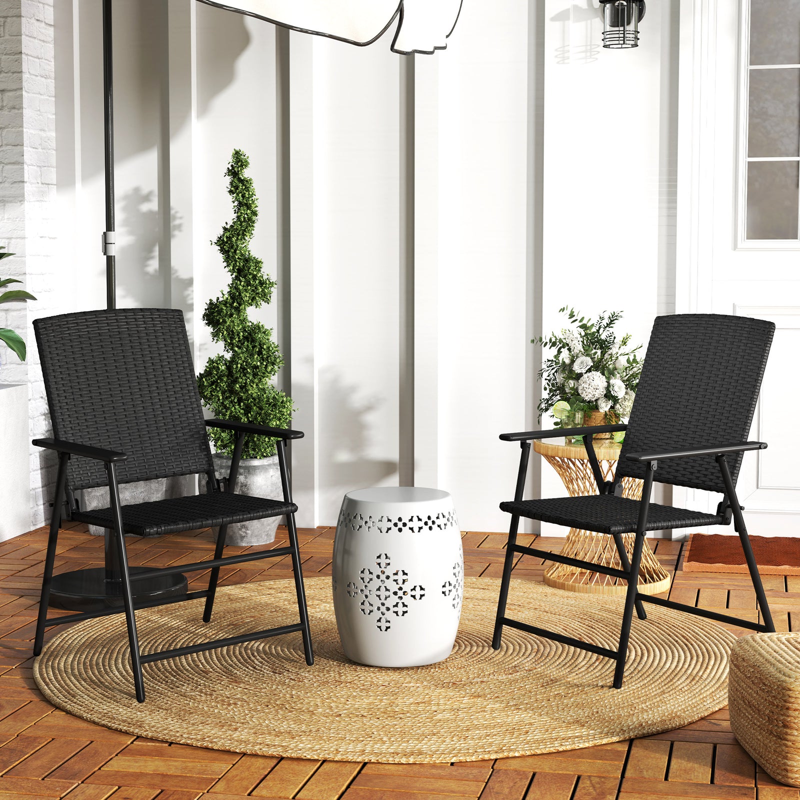 Set of Two Folding Rattan Seat Chairs - Black