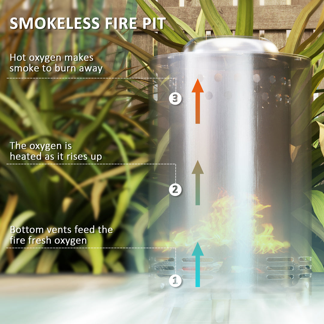 Smokeless Fire Pit, 16 x 16 cm Stainless Steel Portable Wood Burning Firepit with Poker, Wood or Pellet Fuelled Tabletop Fire Pit for Garden Camping Bonfire Party, Silver Tone