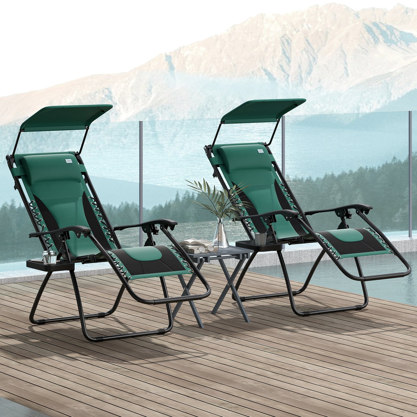 Zero Gravity Lounger Chair Set of 2, Folding Reclining Patio Chair with Shade Cover, Padded Seat, Cup Holder, Soft Cushion and Headrest for Poolside, Camping, Green