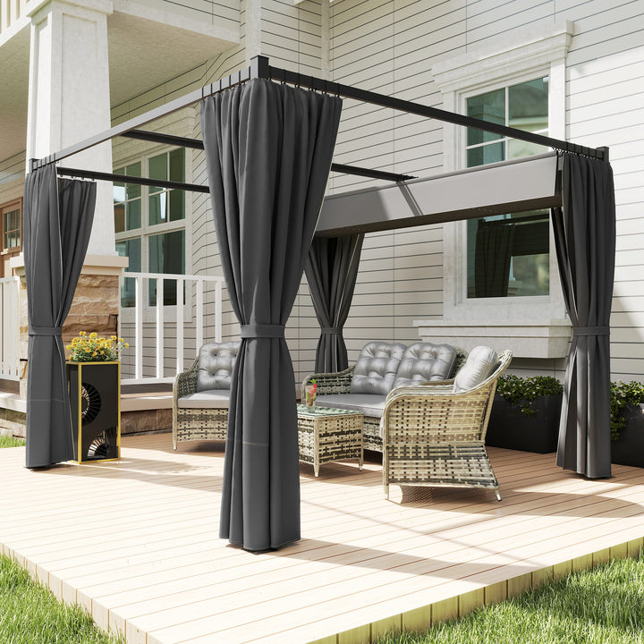3 x 3(m) Retractable Pergola, Garden Gazebo Shelter with Curtains, for Grill, Patio, Deck, Charcoal Grey