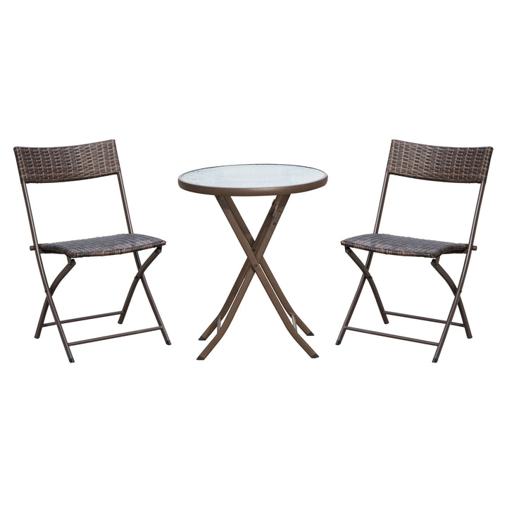 Outsunny Rattan Bistro Set 2-Seater Garden Furniture Folding Rattan Chair Glass Topped Coffee Table Patio Balcony Wicker Furniture, Brown | Aosom UK