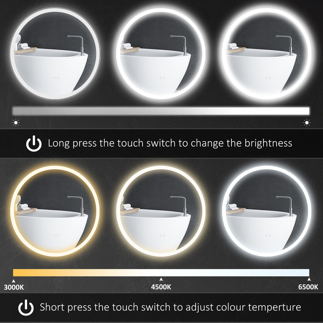 Round Bathroom Mirror with LED Lights, Wall Mount Dimmable Makeup Mirror with 3 Temperature Colours, Defogging Film and Memory Function, Frameless, Hardwired, 70 x 70 cm