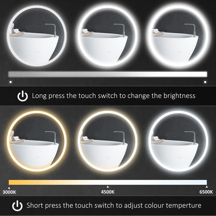 Round Bathroom Mirror with LED Lights, Wall Mount Dimmable Makeup Mirror with 3 Temperature Colours, Defogging Film and Memory Function, Frameless, Hardwired, 70 x 70 cm