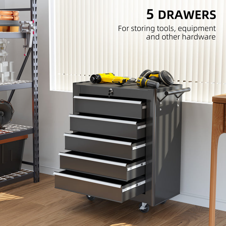 5-Drawer Tool Chest with Wheels, Steel Lockable Tool Storage Cabinet with Handle, 2 Keys for Garage, Workshop, Black