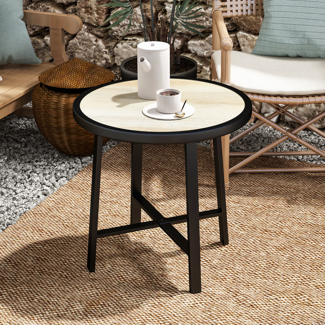 Round Small Garden Table, 50.5cm Outdoor Side Table with SPC Tabletop, Metal Frame and Anti-slip Foot Pads for Garden, Balcony, Nature Wood Finish