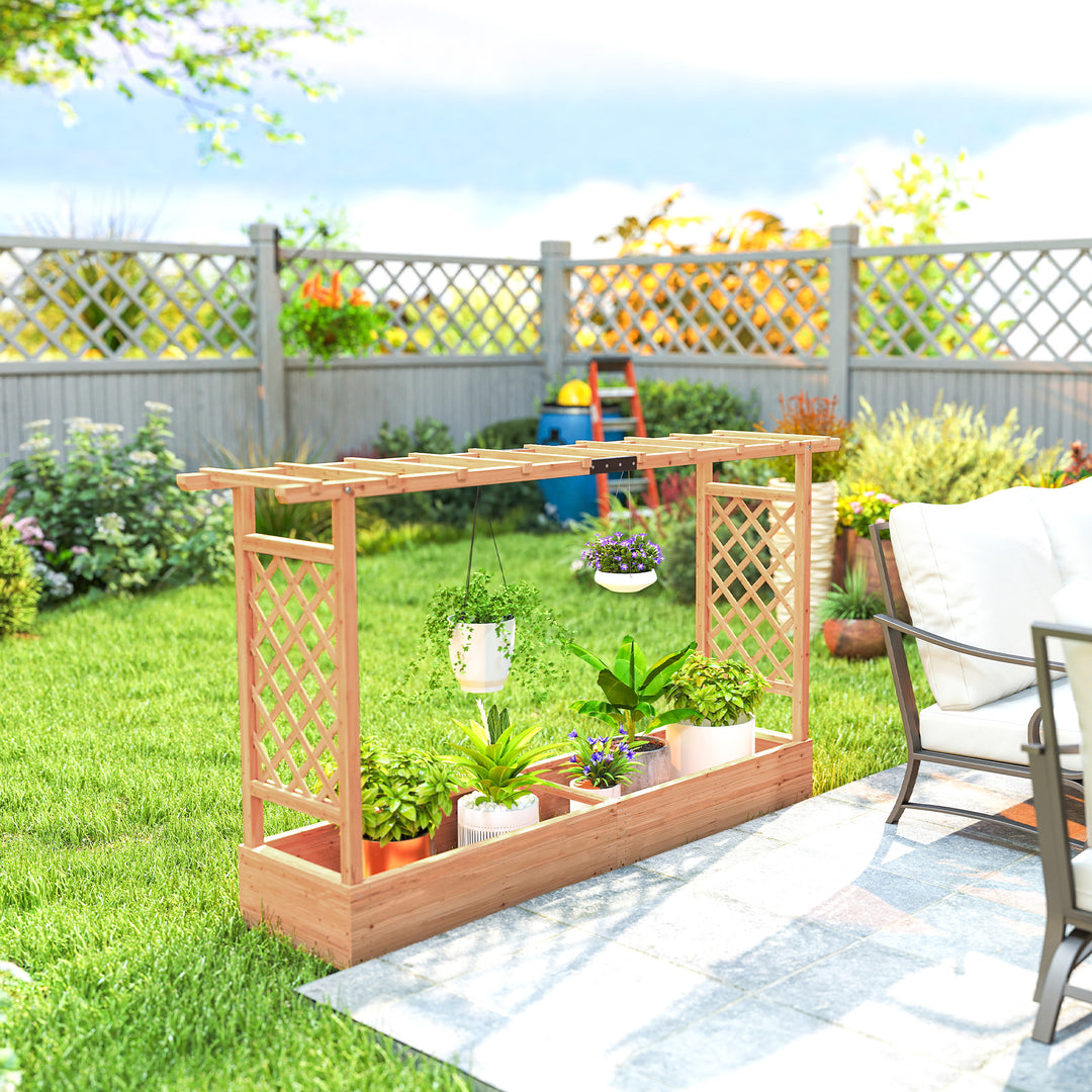 Raised Planter with Trellis, Wooden Raised Bed for Garden with Hanging Roof and Drainage Holes, Outdoor Planter Box