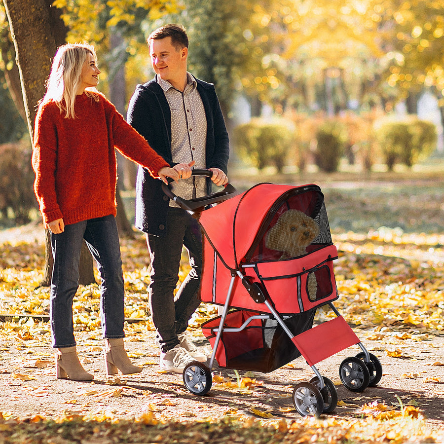Pet Stroller for Small Miniature Dogs Cats Foldable Travel Carriage with Wheels Zipper Entry Cup Holder Storage Basket Red
