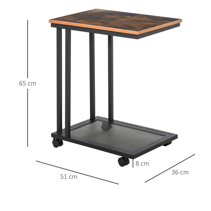 C Shaped Side Table Set of 2 with Wheels, Mobile End Table, Laptop Stand with Metal Frame and Storage Shelf, Rustic Brown