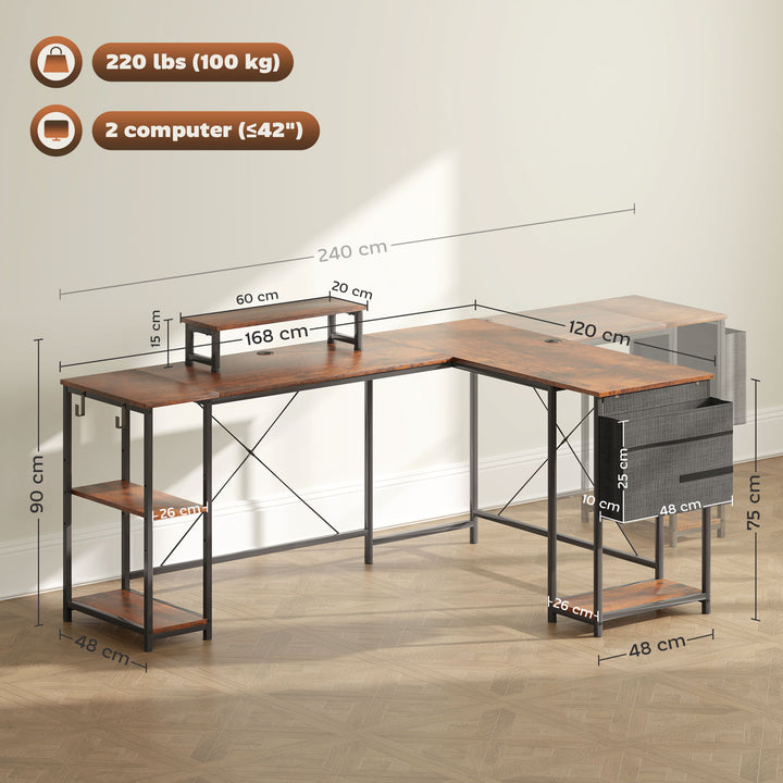 168cm Reversible L Shaped Desk, Industrial Corner Computer Desk with Adjustable Shelf and Storage Bag, 240cm 2 Person PC Table with Monitor Stand, Rustic Brown