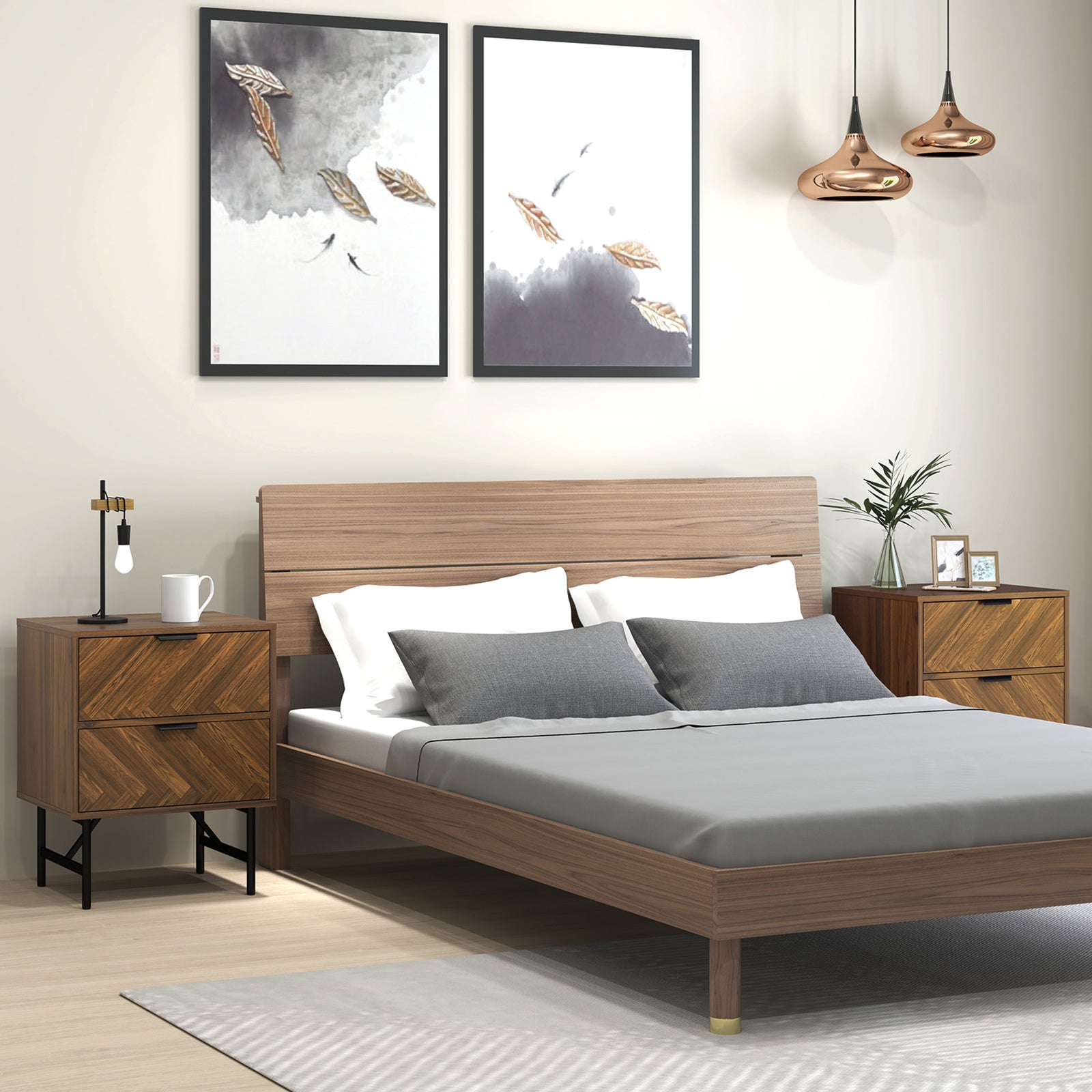 Bedside Table Set of 2 with 2 Drawers, Modern Side Tables with Herringbone Pattern and Metal Legs for Bedroom, Living Room, Walnut Brown