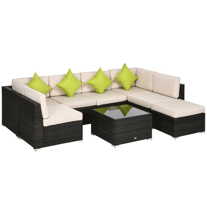 7-Seater PE Rattan Corner Sofa Set, Garden Furniture Set, Patio Wicker Sofa Seater w/ Cushion, Washable Cushion Cover & Tempered Glass Table, Brown