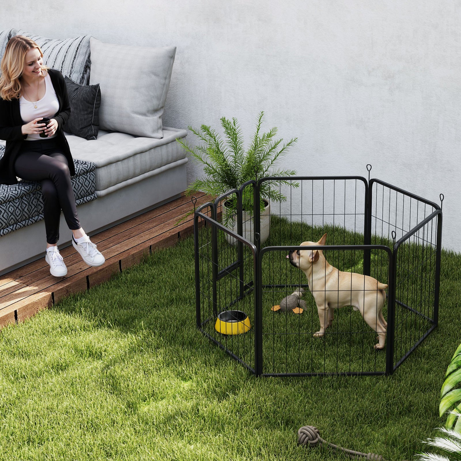 Six-Panel Dog Playpen with Door, for Small Dogs, Indoors, Outdoors, 60cm Tall, Black