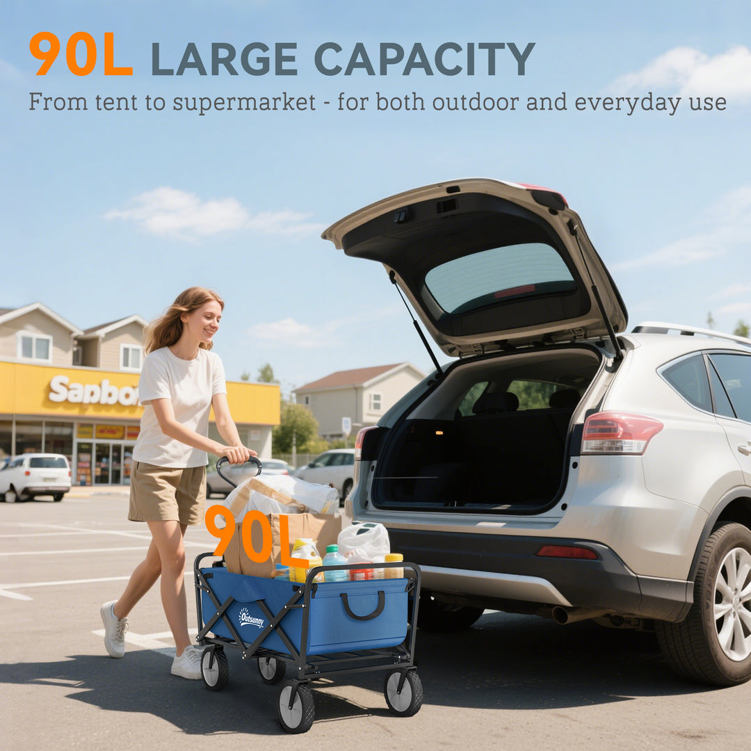 90L Festival Trolley on Wheels, Folding Camping Trolley Cart with Adjustable Handle, Portable for Outdoor, Garden, Shopping, Fishing, Navy Blue