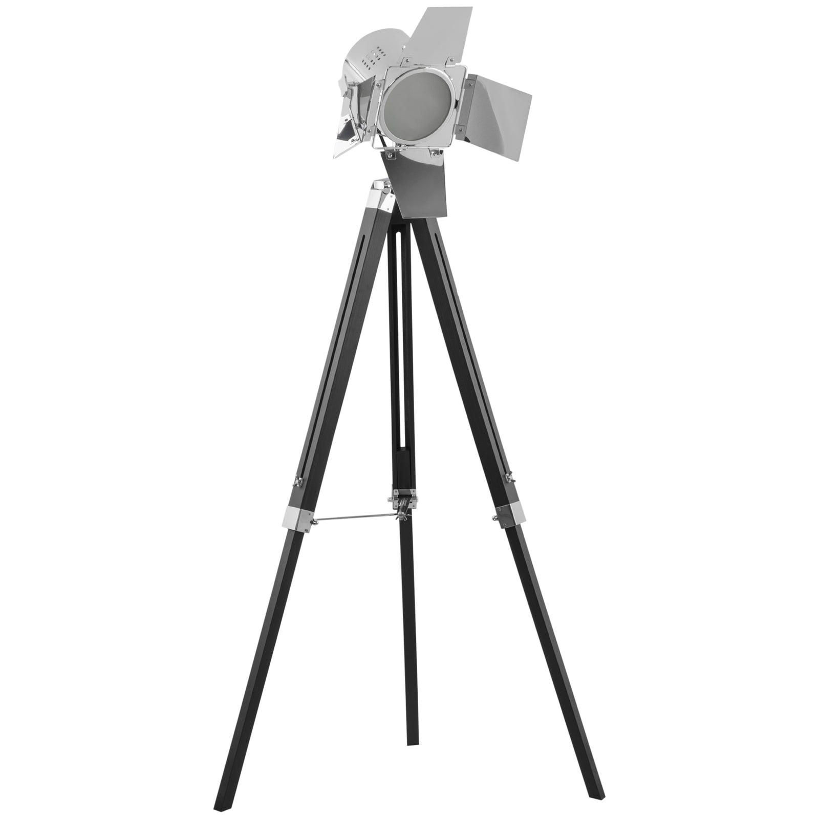 Industrial Tripod Floor Lamp, Nautical Cinema Standing Spotlight with Wood Legs and Adjustable Height for Living Room, Bedroom, Black and Silver