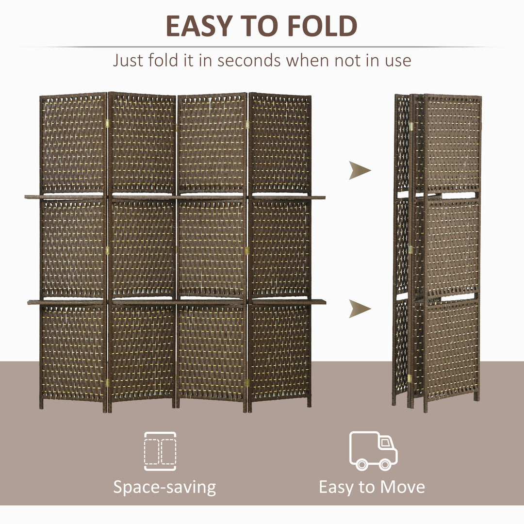 4-Panel Room Dividers with Shelves, Wave Fibre Freestanding Folding Privacy Screen Panels, Partition Wall Divider for Indoor Bedroom Office, 180 cm, Brown