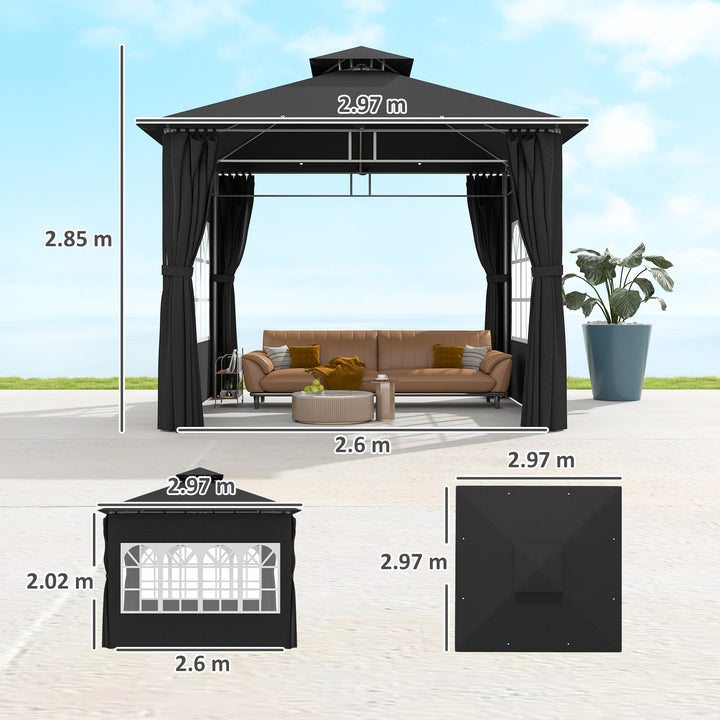 3 x 3 m Garden Gazebo, Double Roof Metal Gazebo with Removable Sidewalls and Church Windows, Outdoor Canopy Shelter, Black