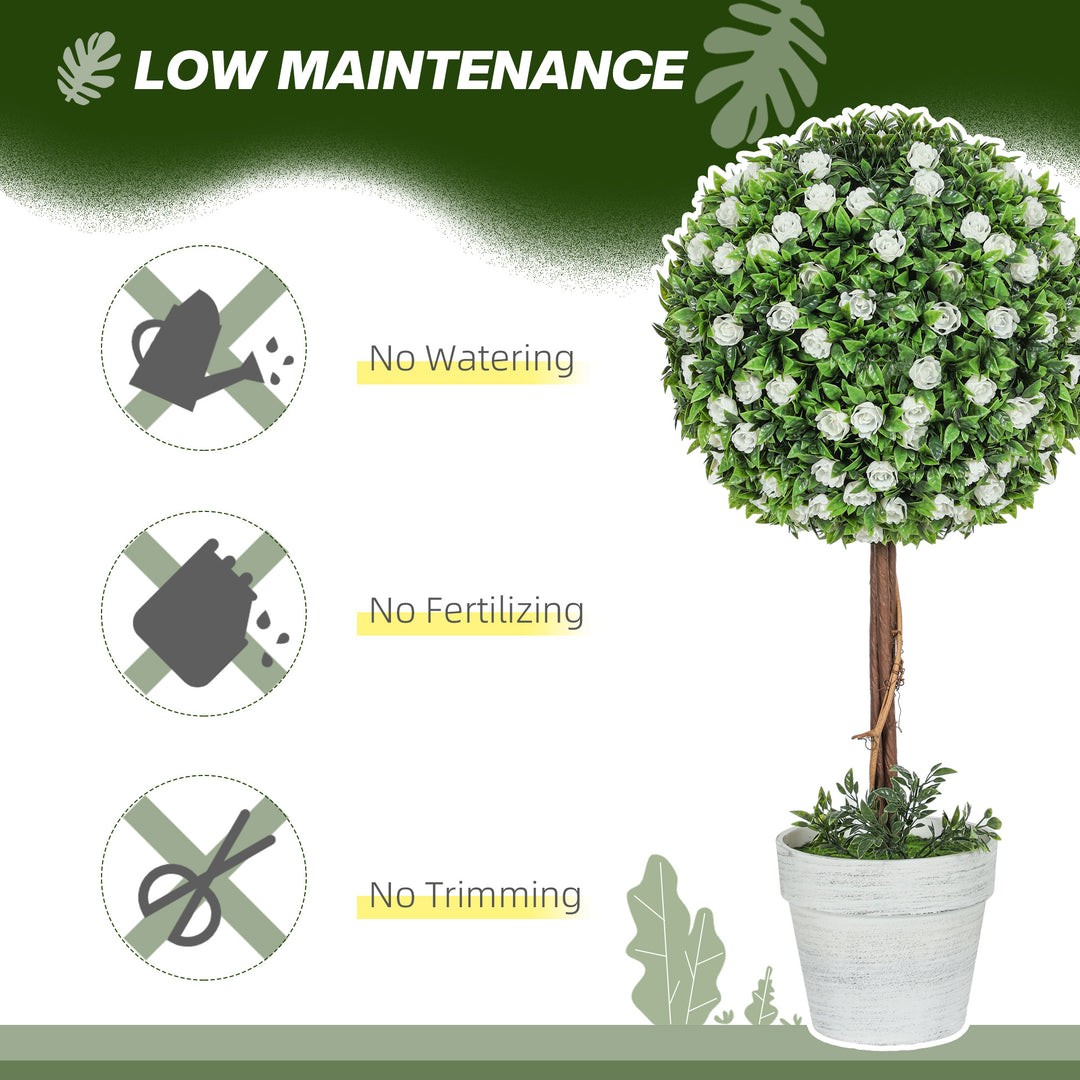 Set of 2 Decorative Artificial Plants, Ball Topiary Tree with Rose Flower in Pot, Fake Plants for Home Indoor Outdoor Decor, 60cm, White