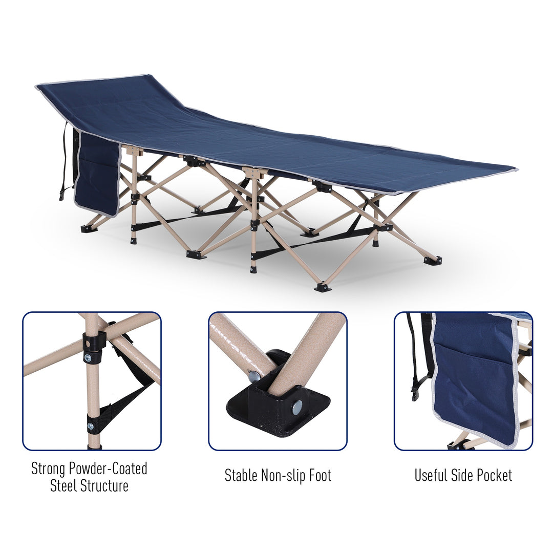 MCL Single Person Camping Bed Folding Cot Outdoor Patio Portable Military Sleeping Bed Travel Guest Leisure Fishing with Side Pocket and Carry Bag - Blue