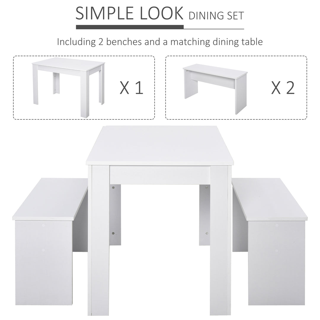 HOMCOM 3 Pieces Dining Set, Kitchen Dining Table and Benches with Particle Board Structure, for Compact Kitchen and Living Room, White | Aosom UK