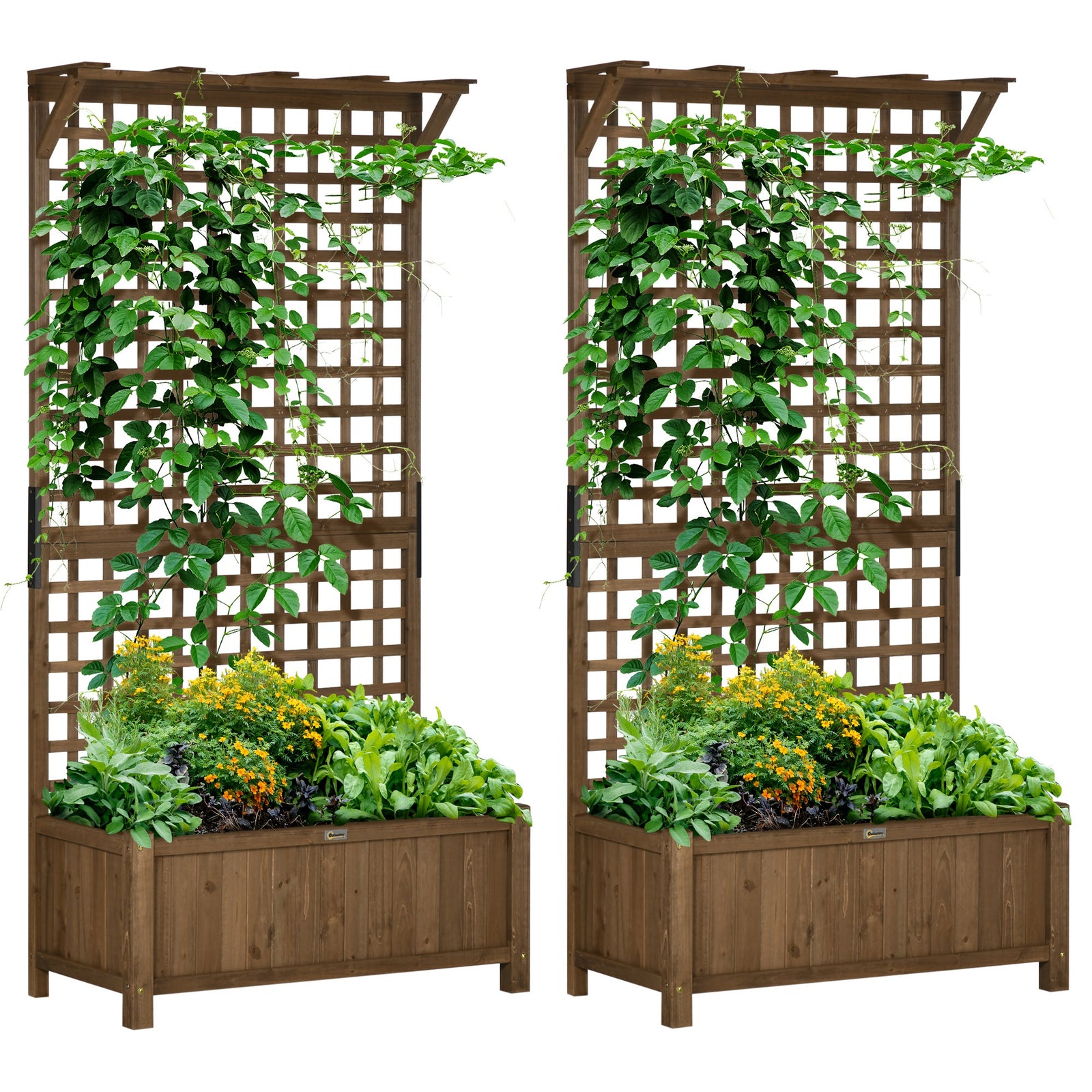 2 Pcs Raised Bed with Drainage Holes, Wood Planter with Trellis for Climbing Plants to Grow Vegetables, Flowers, Brown