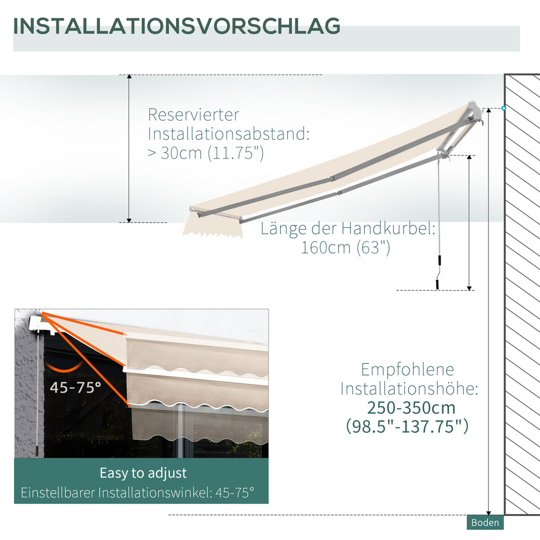 Outsunny 3 x 2.5m Garden Patio Manual Awning Canopy Sun Shade Shelter with Winding Handle Retractable - Cream White