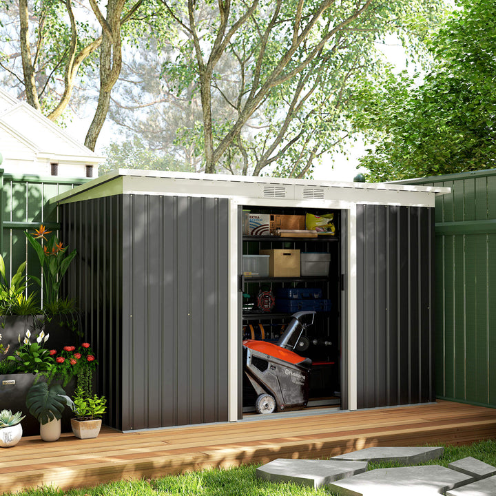 MCL 9ft x 4ft Metal Garden Shed, Outdoor Tool House with Foundation Kit, Ventilations and Double Doors, Dark Grey