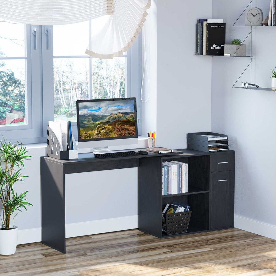 L-Shaped Desk, Corner Computer Desk, Adjustable Study Table with Storage Shelf, Drawer and Cabinet, Workstation for Home Office, Black Wood Grain