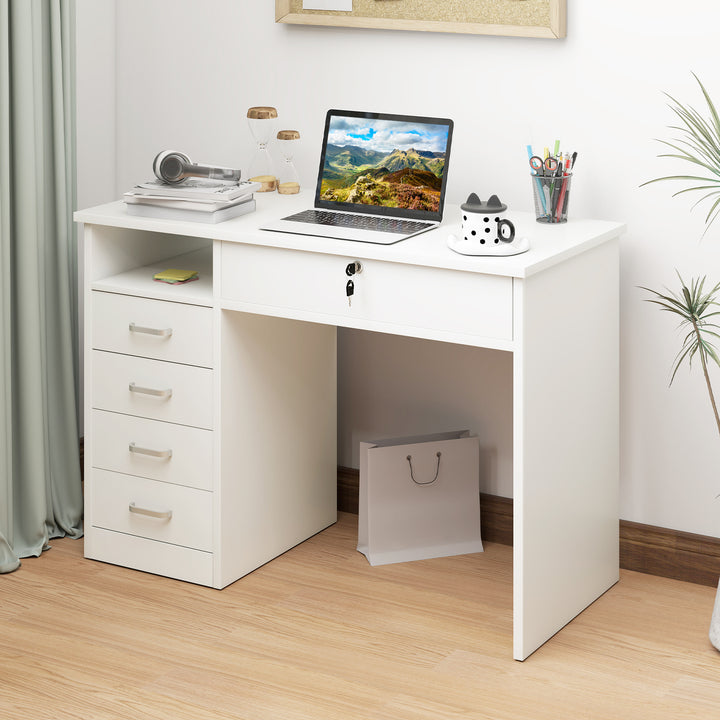 Computer Desk, Home Office Desk with Lockable Drawer, Storage Shelf for Study Bedroom, 110 x 50 x 76 cm, White