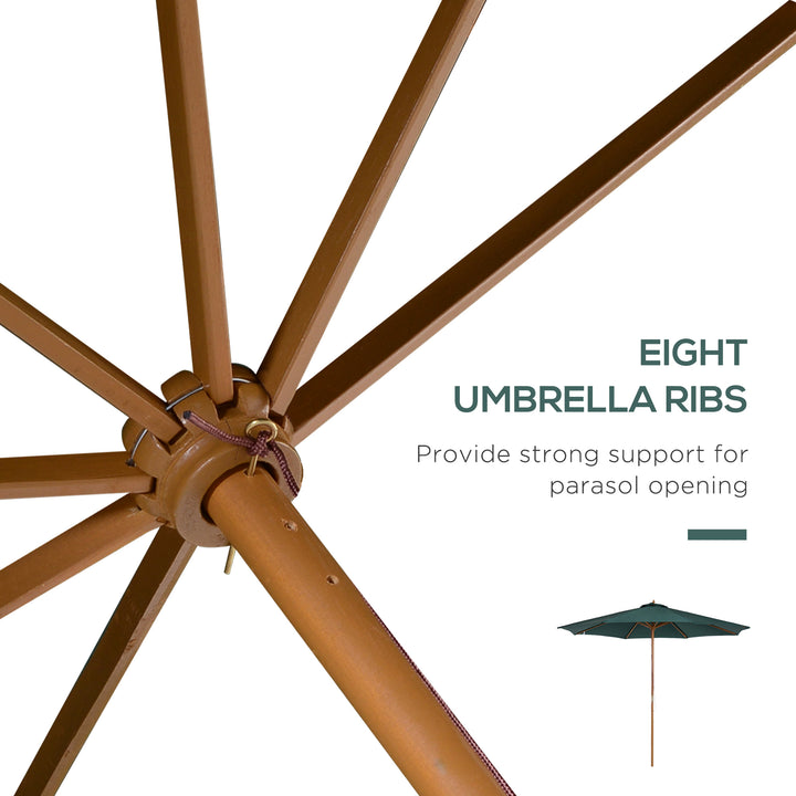 3(m) Wooden Patio Umbrella, Pulley Operated Garden Parasol with Rope Pulley Mechanism and 8 Ribs, Dark Green