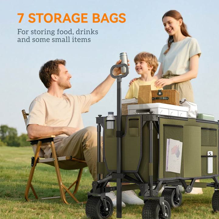 Folding Garden Trolley, Cargo Traile on Wheels, Collapsible Camping Trolley, Outdoor Utility Wagon with Steel Frame and Oxford Fabric, Green