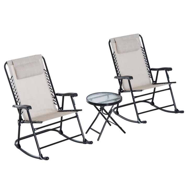 Outsunny 3 Piece Outdoor Rocking Set with 2 Folding Chairs and 1 Tempered Glass Table, Patio Bistro Set for Garden, Deck, Beige | Aosom UK