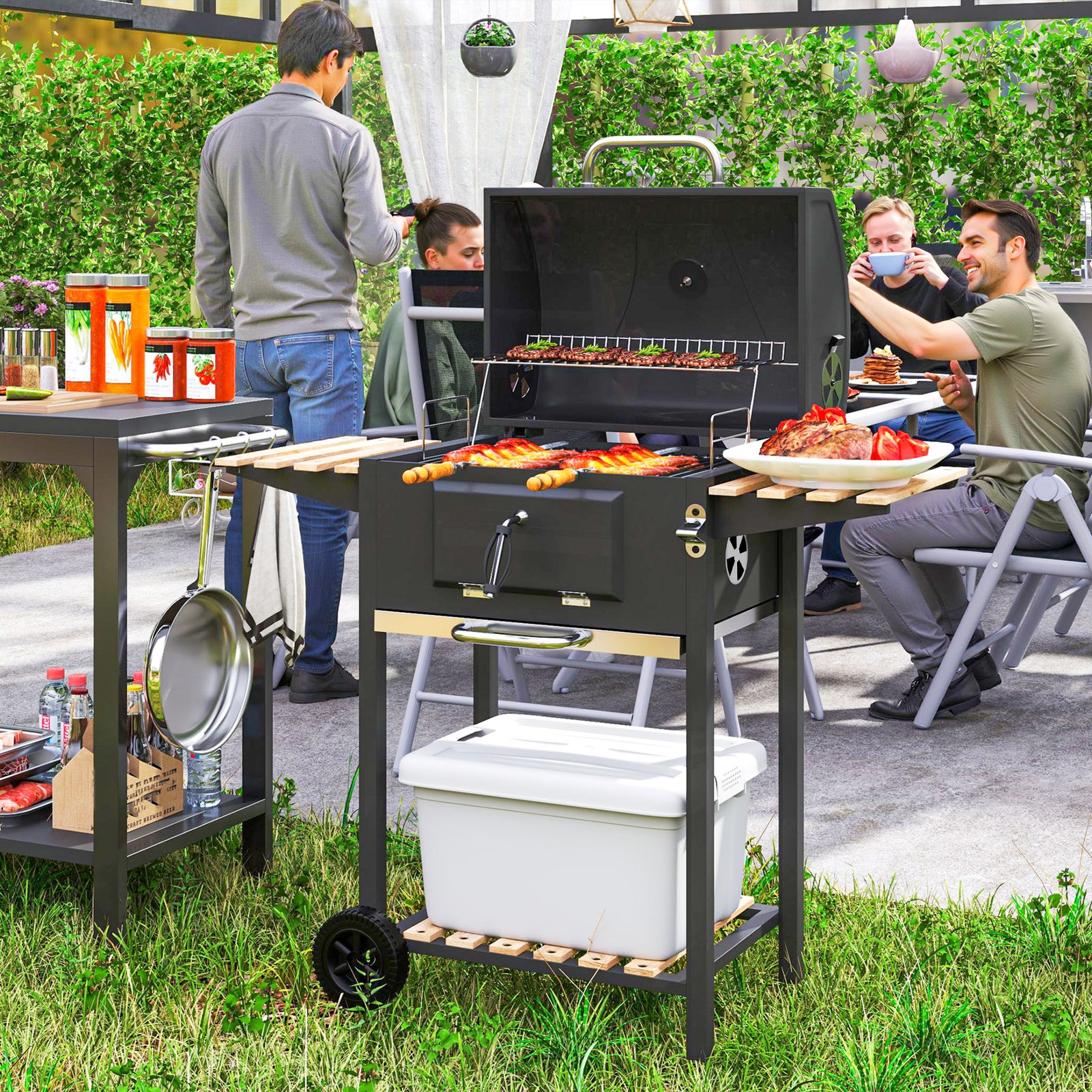 Charcoal BBQ Grill with Height Adjustable Charcoal Pan, Barbecue Smoker with Warming Rack, 3 Shelves, Temperature Gauge, Wheels, Bottle Opener for Outdoor Cooking Garden Party
