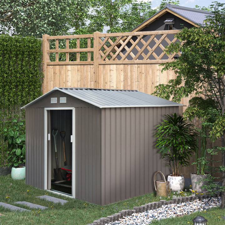 9 x 6FT Outdoor Garden Roofed Metal Storage Shed Tool Box with Foundation Ventilation & Doors Light, Grey