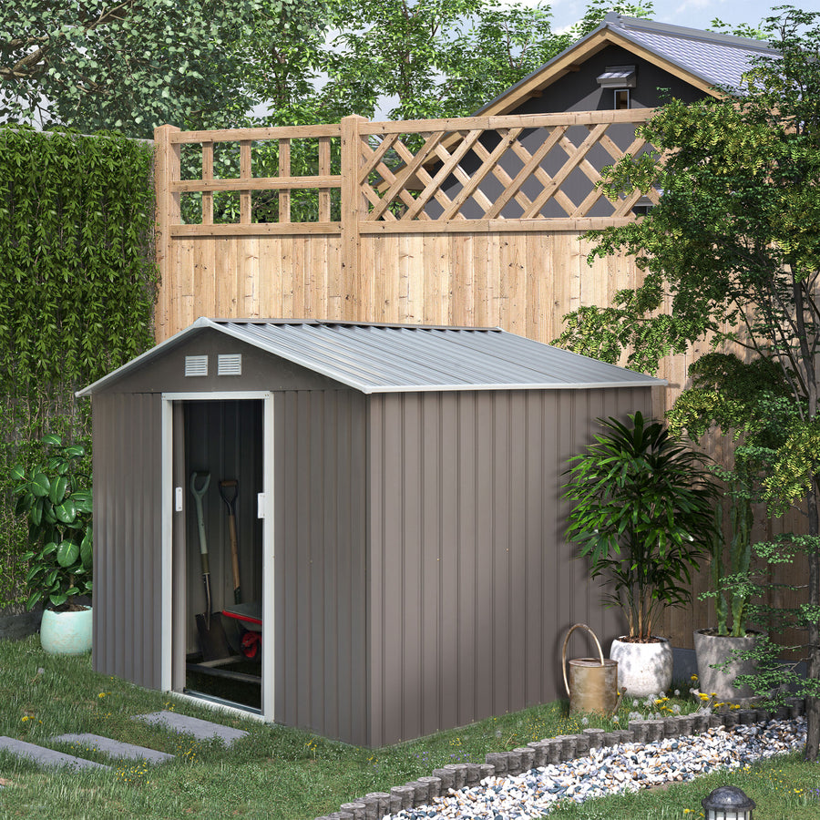 9 x 6FT Outdoor Garden Roofed Metal Storage Shed Tool Box with Foundation Ventilation & Doors Light, Grey